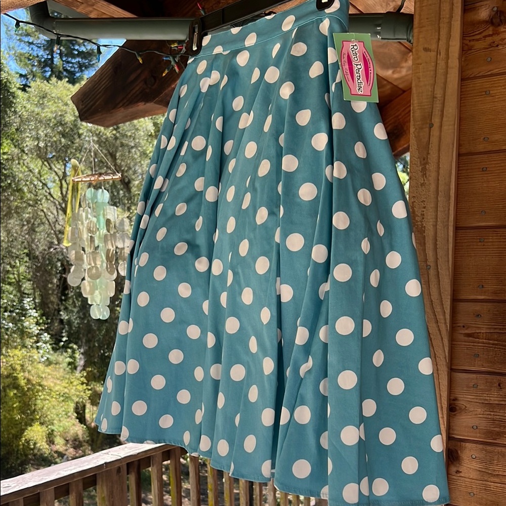 Blue Polka Dot Skirt, with white petticoat and white sweetheart sweater